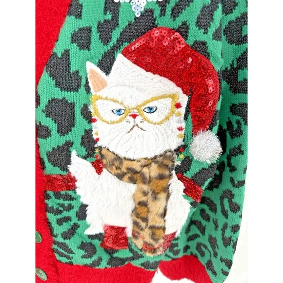 NEW 33 Degrees Women's XXL Green Red Cat Lover Ugly Christmas Sweater Party - Picture 4 of 15
